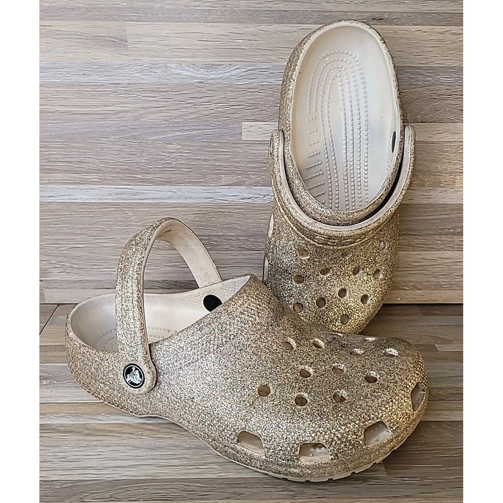 Crocs Classic Chunky Gold‎ Golden Glitter Clog Juniors Size 5 Sandals Shoes